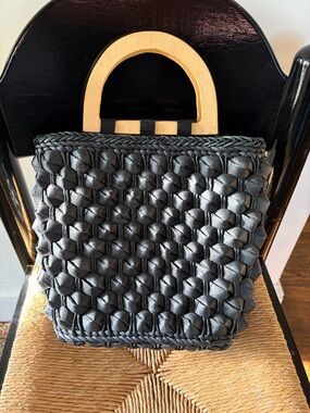 Vintage Black Woven Top-Handle Bag with Wood Handles